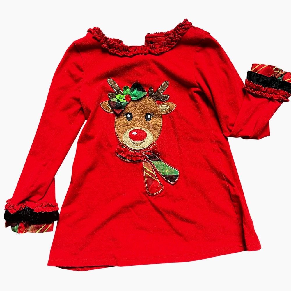 Rare,Too Girls 5/6 Red Reindeer Christmas Long Sleeve Ruffle Dress Tunic Novelty